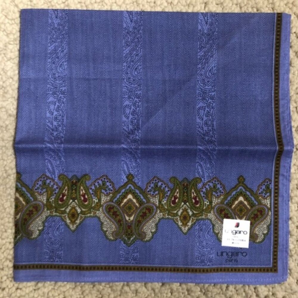 New Emanuel Ungaro Paris Cotton Handkerchief Pocket Square Scarf Blue Paisley